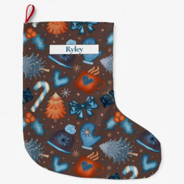 フェスティバルウィンターホリデーパターンブラウンブルーオレンジ ラージクリスマスストッキング