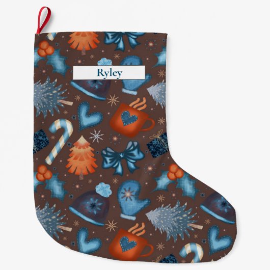 フェスティバルウィンターホリデーパターンブラウンブルーオレンジ ラージクリスマスストッキング (正面)