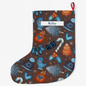フェスティバルウィンターホリデーパターンブラウンブルーオレンジ ラージクリスマスストッキング (裏面)