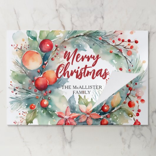 フェスティバルウォーターカラークリスマスリース紙ランチョンマット ペーパーパッド (折り畳み)