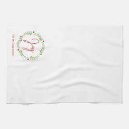 フェスティバルウォーターカラークリスマスリース パーソナライズされた キッチンタオル