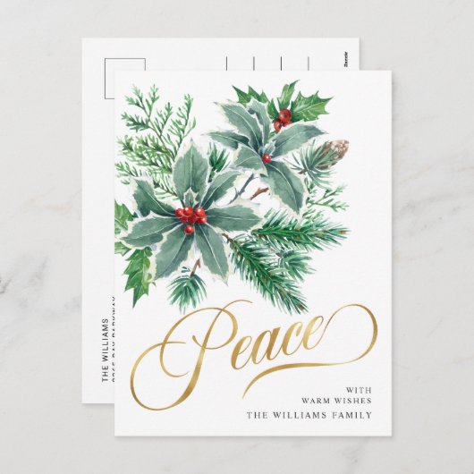 フェスティバルウォーターカラーホリーベリークリスマスグリーティング シーズンポストカード (正面/裏面)