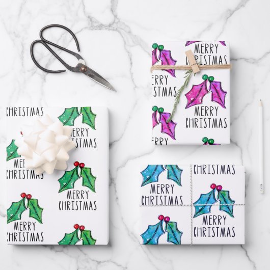 フェスティバルウォーターカラーホリーベリークリスマス ラッピングペーパーシート (正面)