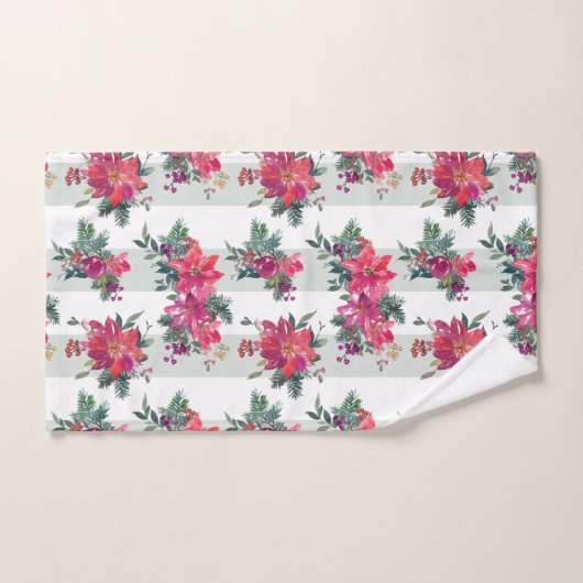フェスティバルウォーターカラーポインセティアス&セージストライプズ バスタオルセット (ハンドタオル)