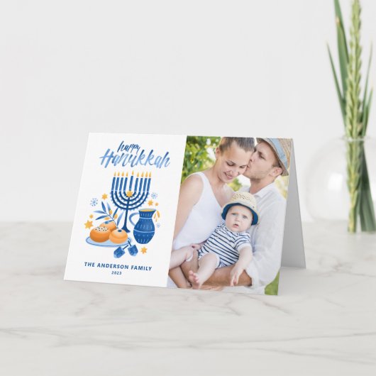 フェスティバルウォーター色（ユダヤ教）メノラーハッピーハヌカー写真 シーズンカード (正面)