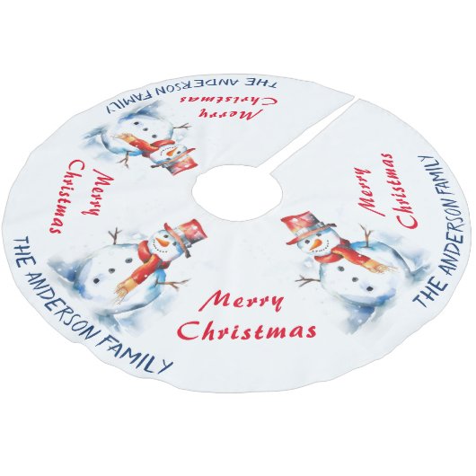 フェスティバルウォーター雪だるまカスタムメリークリスマス ブラッシュドポリエステルツリースカート (アングル)