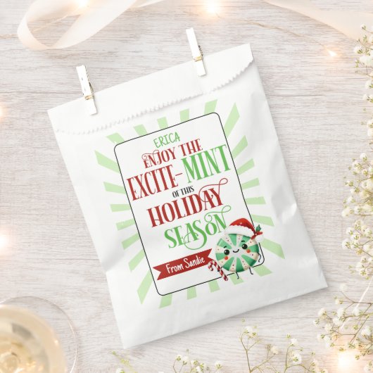 フェスティバルエキサイト – ミントホリデーカードと名前をカスタムする フェイバーバッグ (クリップ留めされた状態)