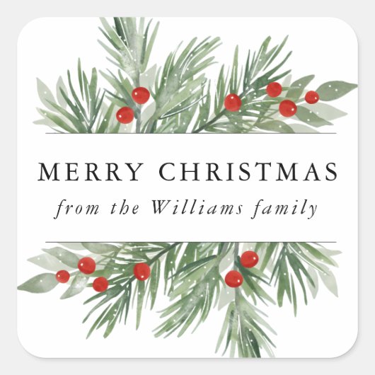 フェスティバルエバーグリーンクリスマスステッカーラベル スクエアシール (正面)