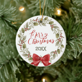 フェスティバルエレガントメリークリスマスリースレッドボウ セラミックオーナメント