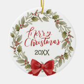 フェスティバルエレガントメリークリスマスリースレッドボウ セラミックオーナメント (正面)