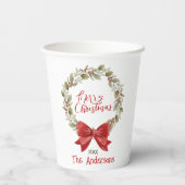 フェスティバルエレガントメリークリスマスリースレッドボウ 紙コップ (裏面)