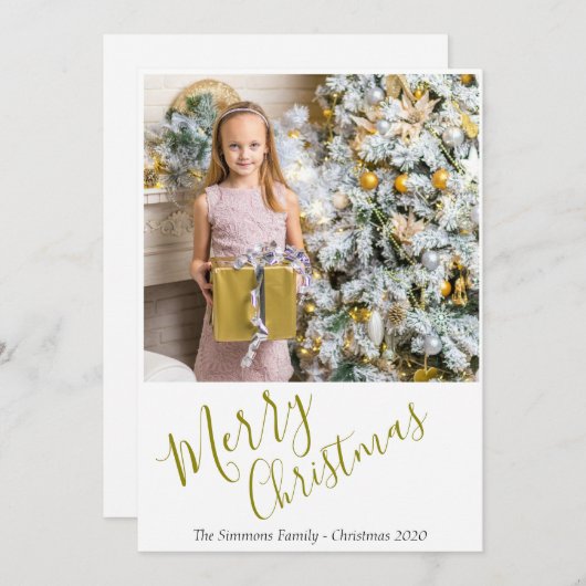 フェスティバルエレガント金ゴールドスクリプトメリークリスマスフォト シーズンカード (正面/裏面)