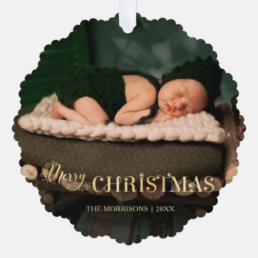 フェスティバルエレガント金ゴールドメリークリスマススクリプト写真 オーナメントカード (正面)