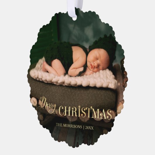 フェスティバルエレガント金ゴールドメリークリスマススクリプト写真 オーナメントカード (左)