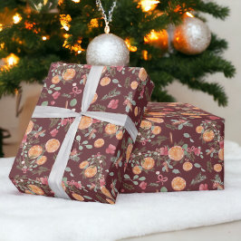 フェスティバルオレンジパインフローラウォーターカラーホリデーレッド ラッピングペーパー