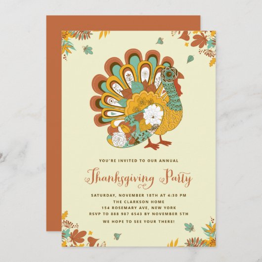 フェスティバルオレンジフローラターキーサンクスギビングパーティー 招待状 (正面/裏面)