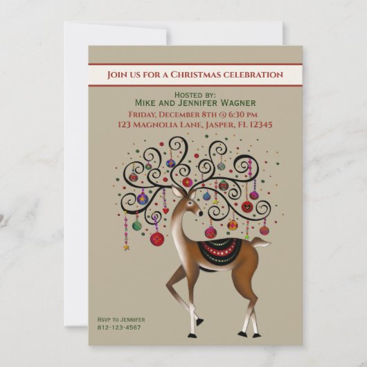 フェスティバルオーナメントトナカイおもしろいカスタムクリスマス 招待状 (正面)