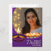 フェスティバルカスタムハッピーディワリ光パープルホワイト シーズンポストカード (正面/裏面)