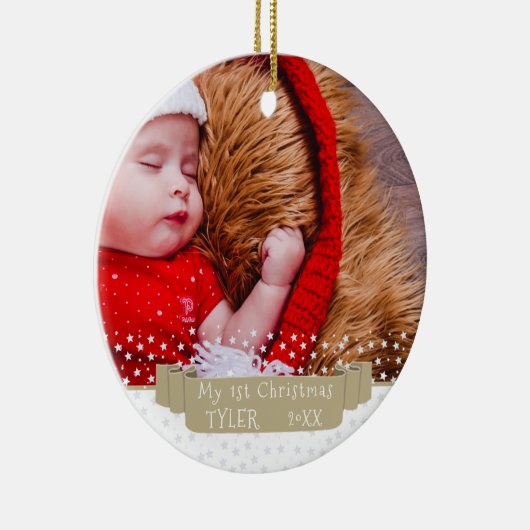 フェスティバルカスタムバナーベビーの初めてのクリスマス写真 セラミックオーナメント (右)