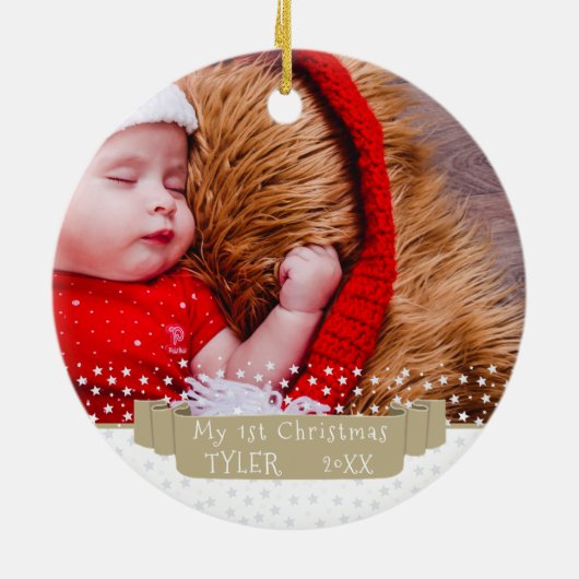 フェスティバルカスタムバナーベビーの初めてのクリスマス写真 セラミックオーナメント (裏面)