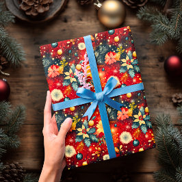 フェスティバルカスタムレッドフローラクリスマス ラッピングペーパー