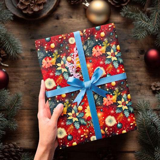 フェスティバルカスタムレッドフローラクリスマス ラッピングペーパー