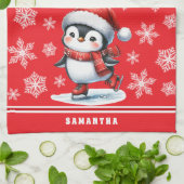 フェスティバルカスタムレッドペンギンアイススケーターのクリスマス キッチンタオル (折り畳み)