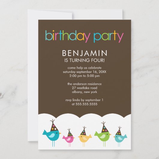 フェスティバルカラフルと鳥子供の誕生日パーティー 招待状 (正面)