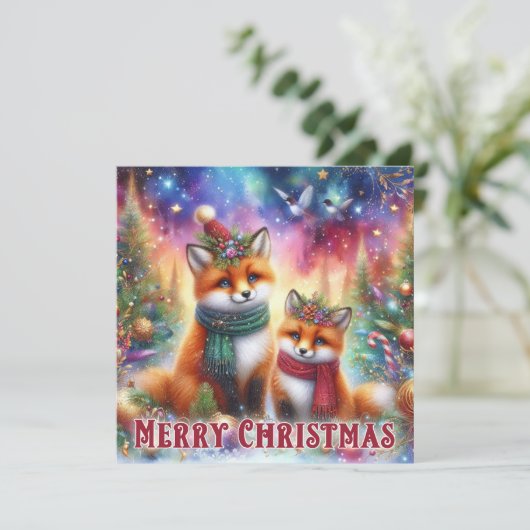 フェスティバルカラフルウォーターカラーウッドランドキツネクリスマス シーズンカード (スタンド正面)