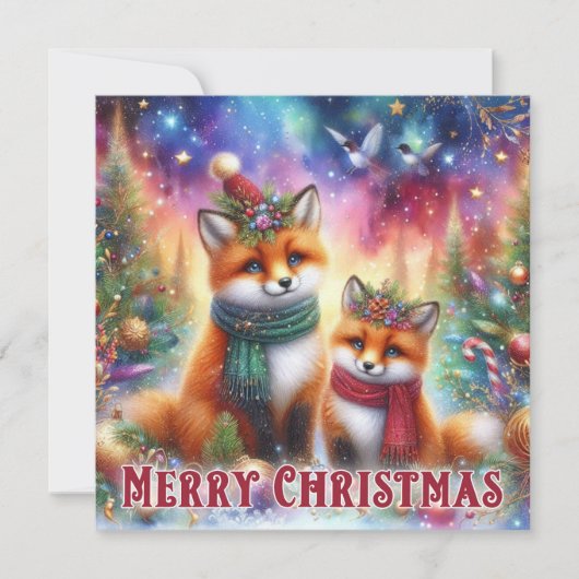 フェスティバルカラフルウォーターカラーウッドランドキツネクリスマス シーズンカード (正面)