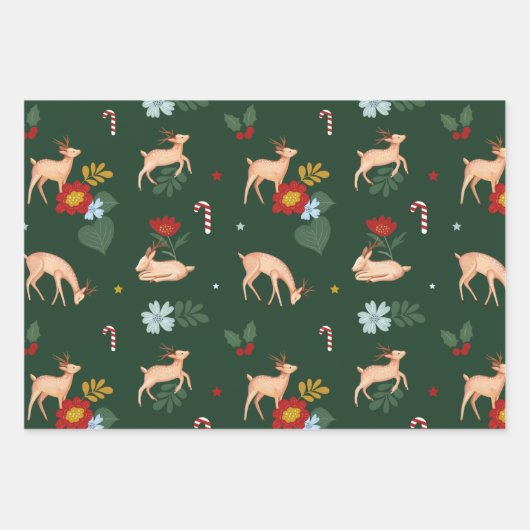 フェスティバルカラフルトナカイ花柄 ラッピングペーパーシート (正面3)