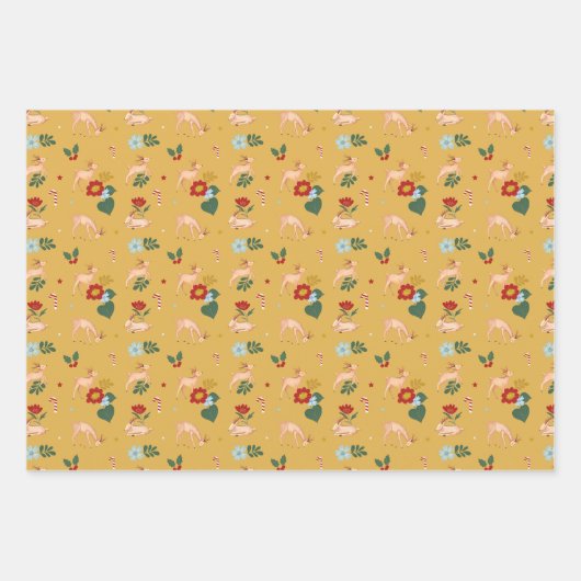 フェスティバルカラフルトナカイ花柄 ラッピングペーパーシート (正面)