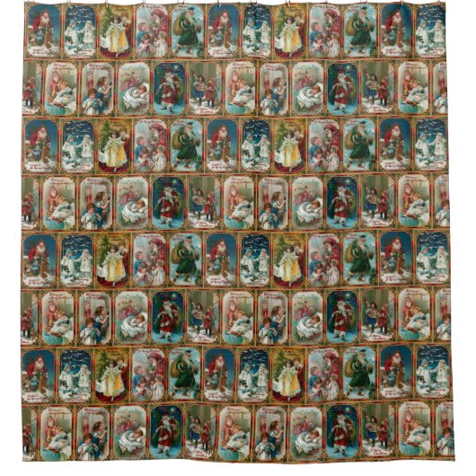 フェスティバルカラフルビクトリアンクリスマスカードコラージュ シャワーカーテン (正面)