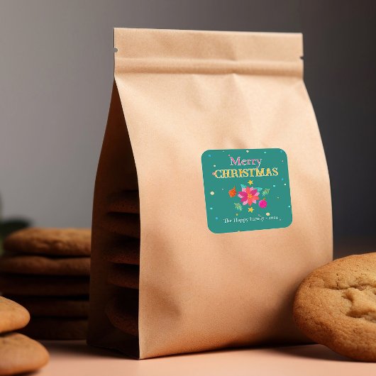 フェスティバルカラフルフローラグリーンピンククリスマス スクエアシール