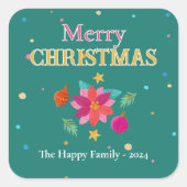 フェスティバルカラフルフローラグリーンピンククリスマス スクエアシール (正面)