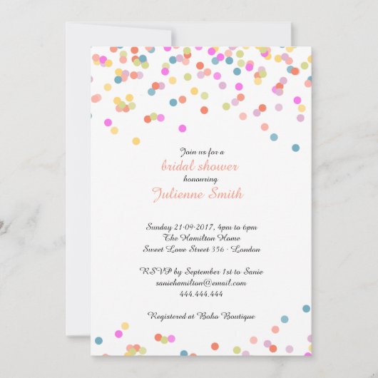 フェスティバルカラフル紙吹雪ブライダルシャワー 招待状 (正面)
