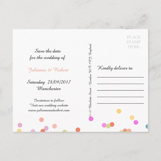 フェスティバルカラフル紙吹雪日付ポストカードの保存 案内ポストカード (裏面)