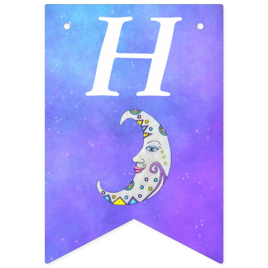 フェスティバルカラフル誕生日クレセントムーンオンパープル バンティングフラッグ (第1の旗)