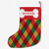 フェスティバルカラーアーガイルパターン&名前の付いたドッグボーン スモールクリスマスストッキング (裏面)