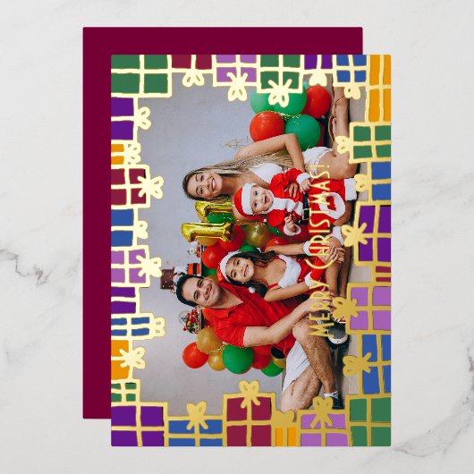 フェスティバルカラー&金ゴールドギフト縁どフォトクリスマス 箔シーズンカード (正面/裏面)