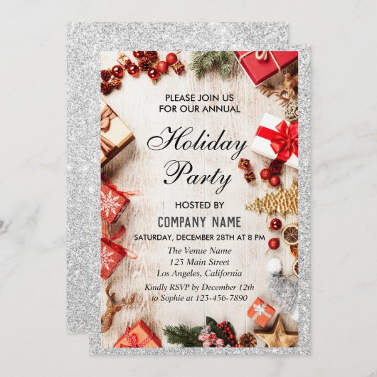 フェスティバルカンパニーホリデーパーティーホワイトシルバーグリッター 招待状 (正面/裏面)