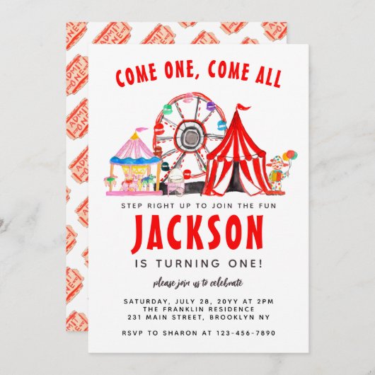 フェスティバルカーニバルサーカスショーパーティーキッド誕生日 招待状 (正面/裏面)