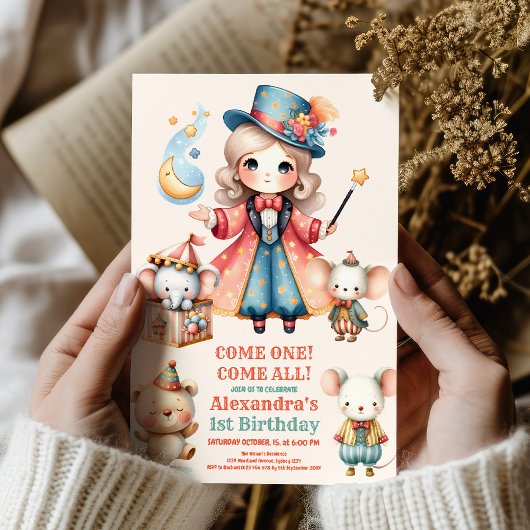 フェスティバルカーニバルサーカスパーティーキッド1st誕生日 招待状