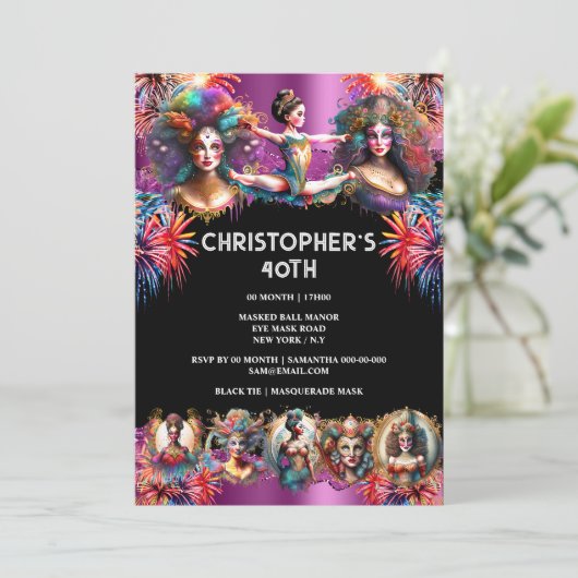 フェスティバルカーニバルショーパーティー花火パープルおもしろい 招待状 (スタンド正面)