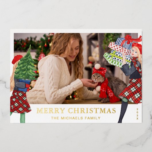 フェスティバルガールクリスマスイラストレーションと写真 箔シーズンカード (正面)