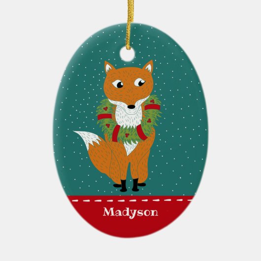 フェスティバルキツネ着用クリスマスリース パーソナライズされた セラミックオーナメント (正面)