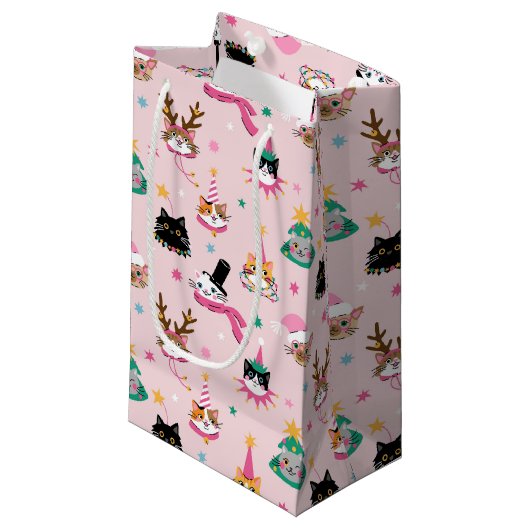 フェスティバルキャット顔インホリデーハッツパターン スモールペーパーバッグ (正面アングル)