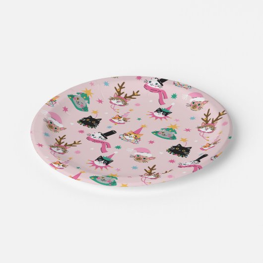 フェスティバルキャット顔インホリデーハッツパターン ペーパープレート (アングル)