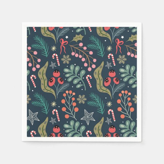 フェスティバルキャンディーケーンとホリーパターン スタンダードカクテルナプキン (正面)