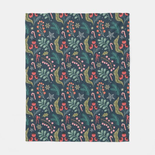 フェスティバルキャンディーケーンとホリーパターン フリースブランケット (正面)